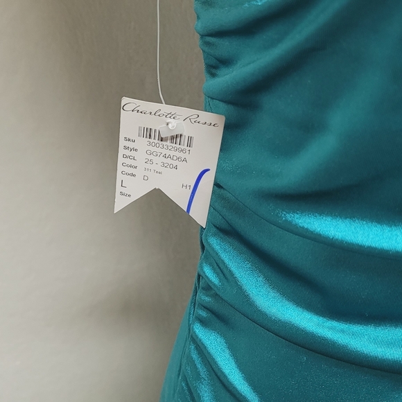 Deadstock Vintage Charlotte Russe Teal Satin Brooch Shark Bite Hem Halter Dress - Picture 12 of 14